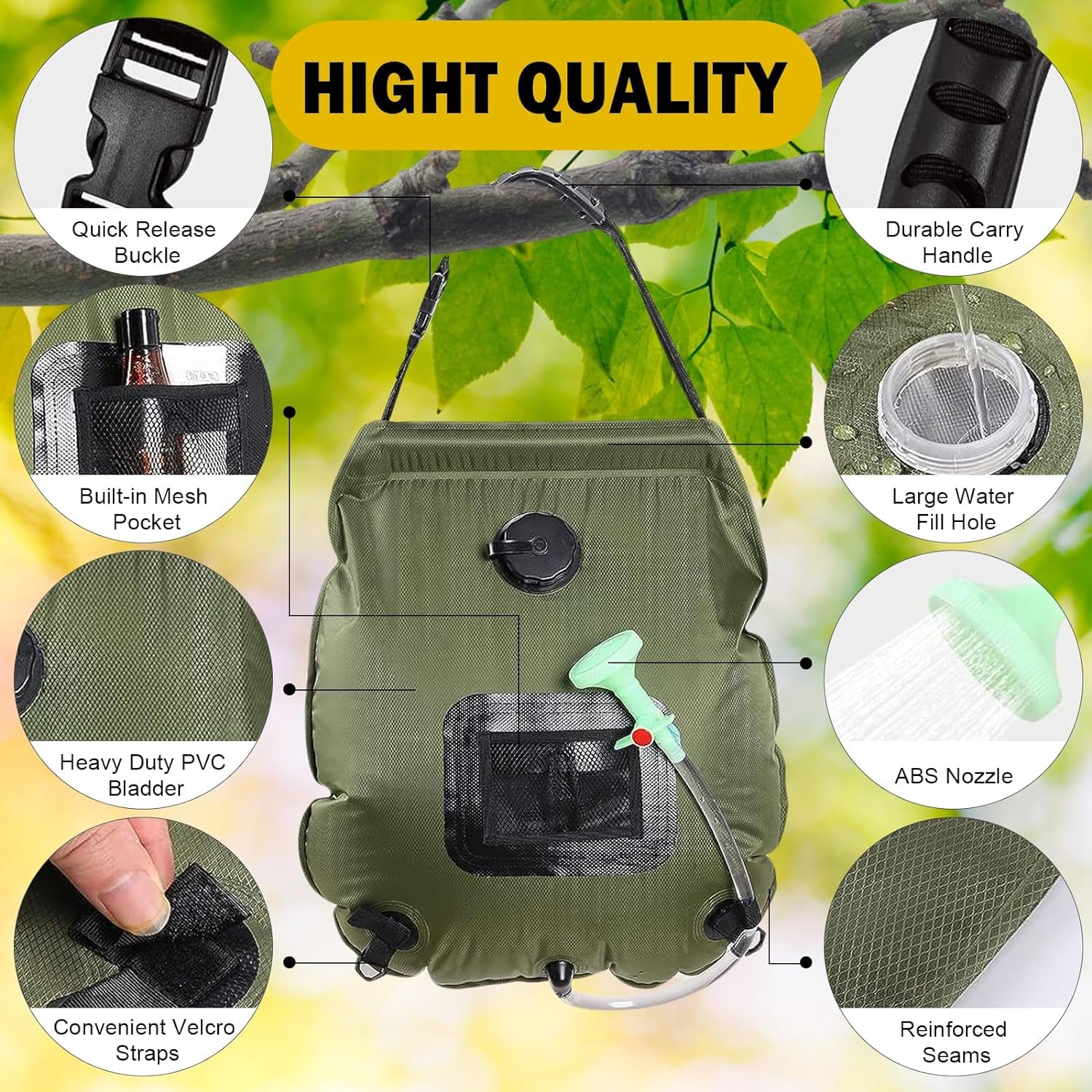 Solar Shower Bag | 5 Gal/20L Solar Heating Camping Shower Bag | Removable Hose | On-Off Switchable Shower Head | Ducha Portatil | Traveling Shower | Portable Shower for Beach Swimming, Hiking